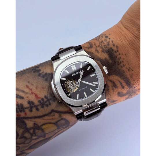 Custom Seiko Mod • Black Open Heart Silver Nautilus • 40mm